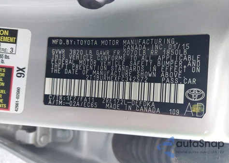 2015 Toyota Corolla L z USA, uszkodzony, nr VIN 2T1BURHEXFC342572